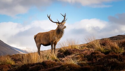 Majestic Stag Roaming Freely amidst the Rugged Beauty of the Scottish Highlands, Captured against a Backdrop of SnowCapped Mountains and HeatherFilled Glens