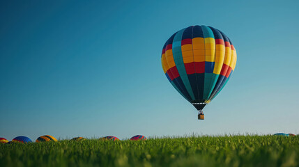 Obraz premium Vibrant Hot Air Balloon in Clear Sky Over Green Field at Outdoor Festival Event