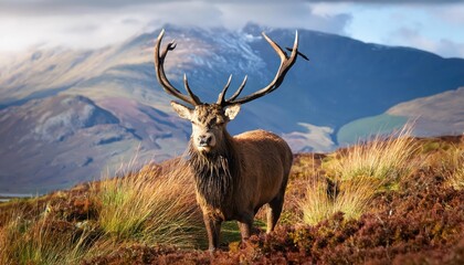 Majestic Stag Roams through the Scottish Highlands, With a Backdrop of Frosty Mornings and HeatherCovered Hills