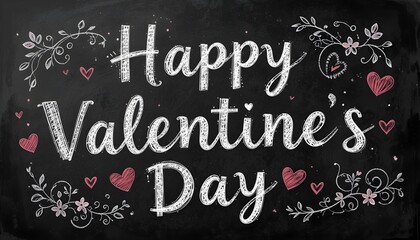 Happy Valentine's Day Handwritten with Hearts and Flowers for a Nostalgic Valentine's Greeting on a Chalkboard