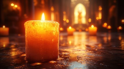 all saints day close up shot of a burning candle in a church 3d rendering