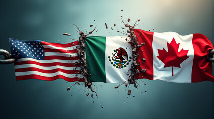 Flags of the usmca members breaking apart, representing the trade war and tariffs between united states, mexico and canada