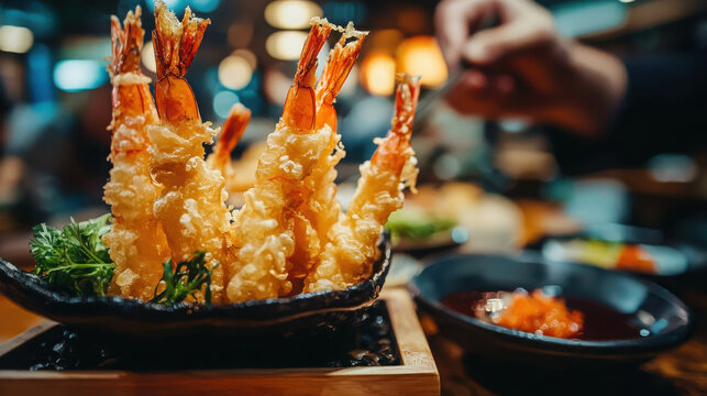 Lively Japanese Izakaya Pub with Golden Tempura Shrimp Delighting Food Lovers