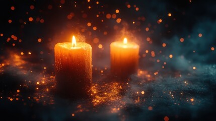 all saints day grunge background with burning candles in the dark 3d rendering