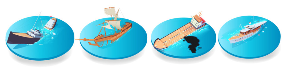Ships depicted on blue circular platforms with unique scenarios, including collisions, oil spills, and historical vessels. Vector illustration