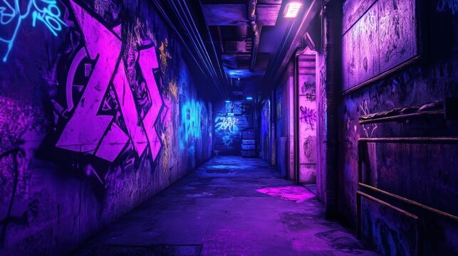 Fototapeta Neon-lit urban alleyway, graffiti art, mysterious background, cyberpunk setting