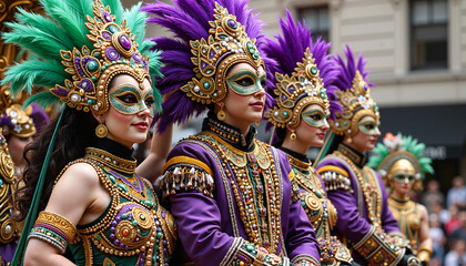 Fototapeta premium Celebrating dancers in vibrant costumes at a street festival