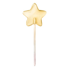 Lollipop. Cute yellow star candy on a stick. Watercolor hand painted isolated food illustration for kids birthday party
