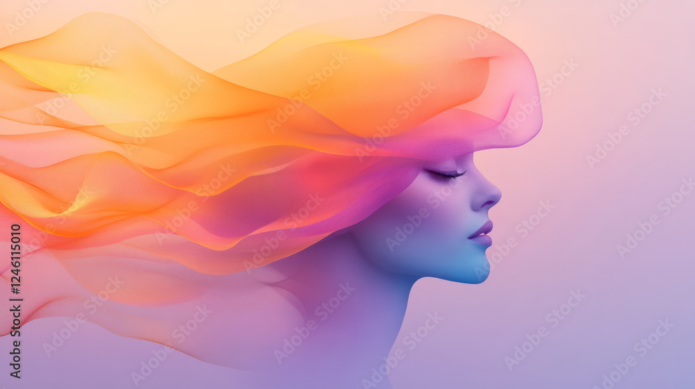 Poster a soft-focus close-up of a womanâ€™s face, surrounded by dynamic orange and purple shapes that flow