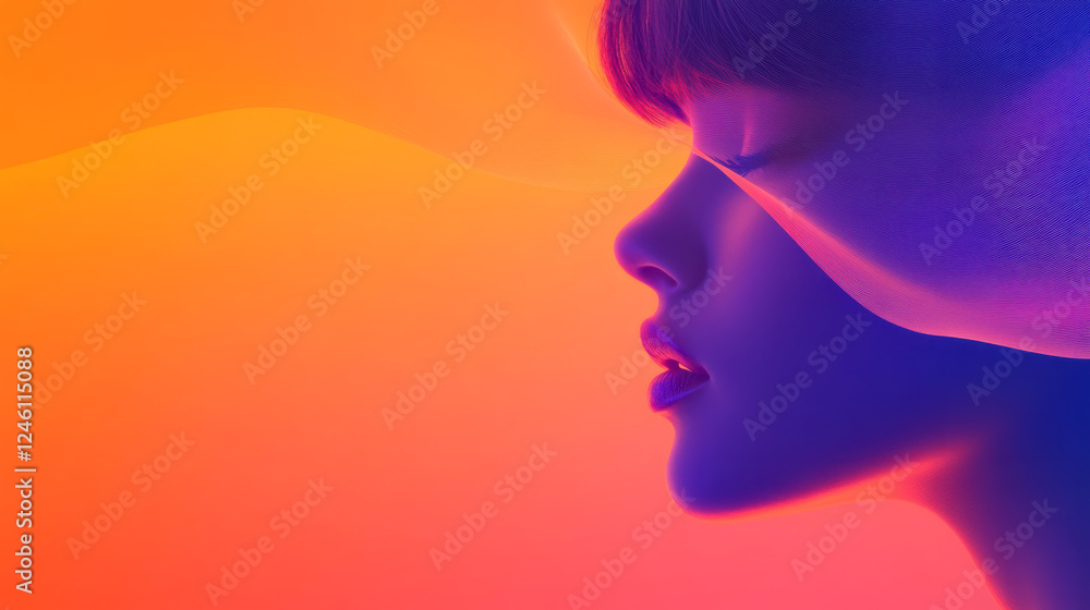 Poster a soft-focus close-up of a womanâ€™s face, surrounded by dynamic orange and purple shapes that flow