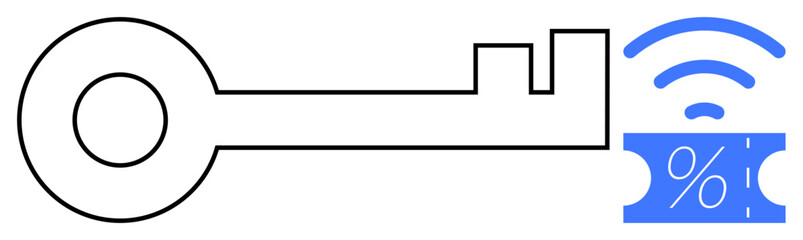 Digital key unlocking online discounts, featuring a blue wireless signal and a discount ticket illustration. Ideal for online security, digital access, e-commerce, online shopping, discount codes