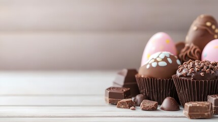 Table with a bunch of chocolate eggs and chocolate cupcakes