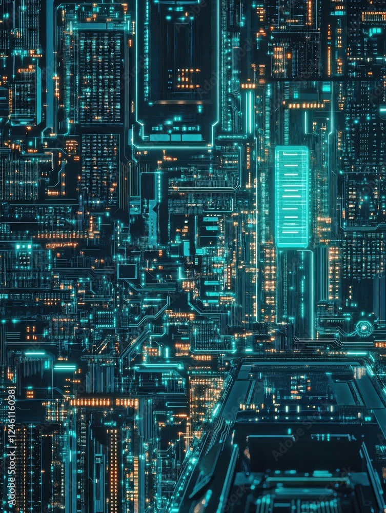 Poster digital interface with glowing turquoise circuits, pixelated patterns, and virtual data projections,