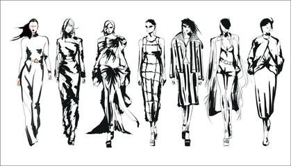 Beautiful young girl in stylish clothes. Fashion woman look. Sale concept. Hand-drawn fashion illustration. Cute girl in fashion clothes set.