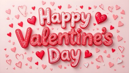 "Happy Valentine's Day" in 3D Glossy Red Letters with Scattered Hearts on a Soft Pink Background