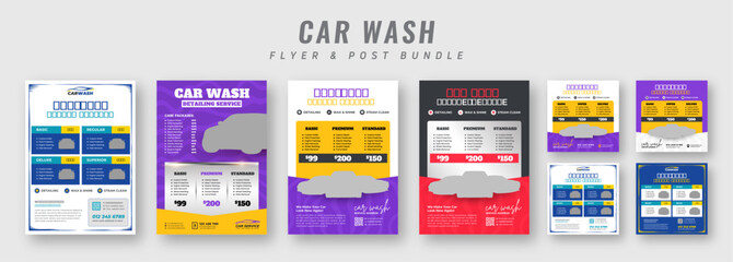 Mobile car wash and detailing flyer and social media post template bundle. Auto cleaning service promotional banner with pricing plans, modern layout, advertising and marketing.