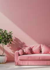 A pink sofa with pillows in front of a pink wall with a plant in a pot