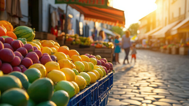 Vibrant Market Scene with Colorful Fruits in Quaint Town at Sunset