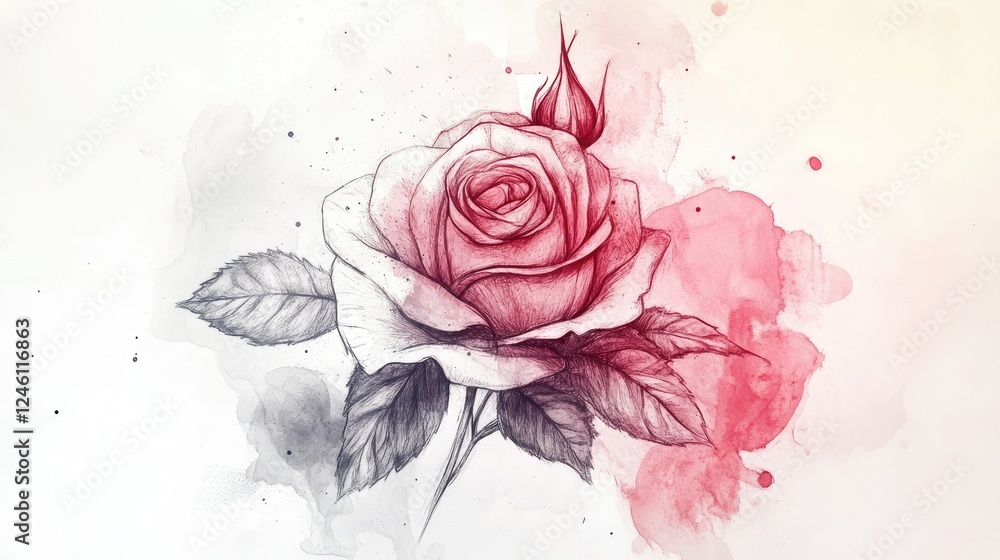 Poster a stylized rose design with a blend of watercolor and ink elements, creating an elegant and artistic