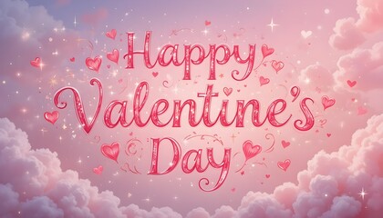 Dreamy Valentine's Day in the Clouds Happy Valentine's Day" in Glowing Script Amidst Fluffy Pink Clouds with Hearts and Twinkling Stars