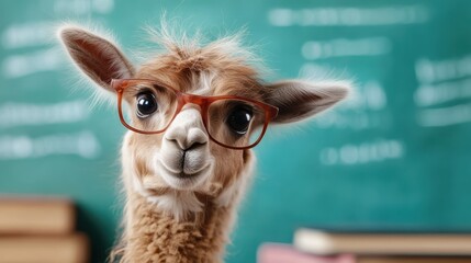 An adorable llama wearing glasses, radiating charm and intelligence against a classroom backdrop, symbolizing fun learning moments in a playful and engaging manner.