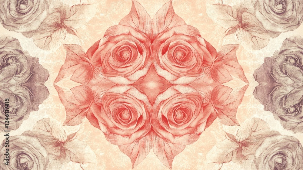 Poster a symmetrical pattern design featuring multiple roses with intricate details, set against a soft pas