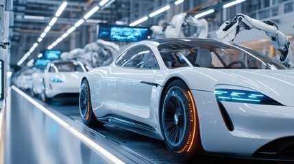 Fototapeta premium A modern car manufacturing plant with robotic arms assembling electric vehicles in perfect synchronization, surrounded by clean, high-tech interiors