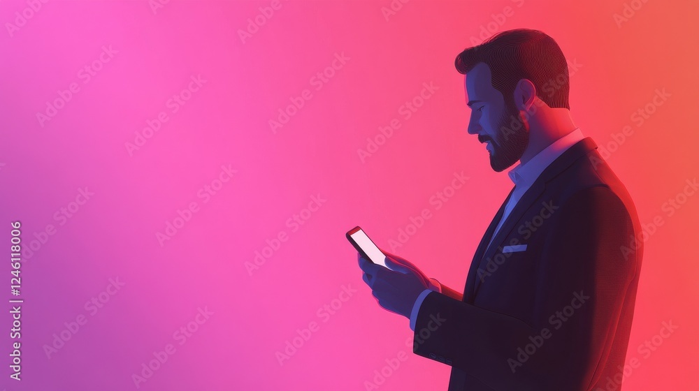 Poster businessman communicates with chatbot with voice commands. voice controlled chatbot, talking virtual