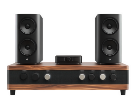 High end audio system with wooden cabinet and black speakers, perfect for music lovers. This stylish design enhances any room decor while delivering exceptional sound quality