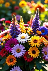 Obraz premium vibrant flower bouquet circular arrangement sunlit garden bokeh 8K diverse beauty vaporwave wallpaper