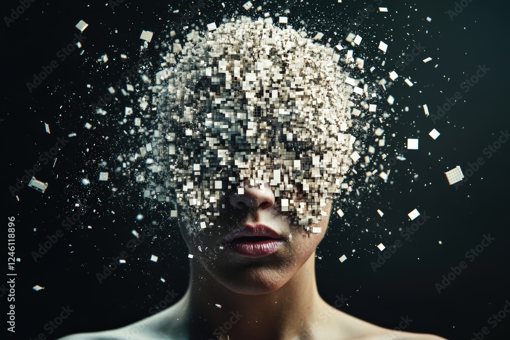 Poster abstract representation of a fragmented face made of cubes, symbolizing digital transformation