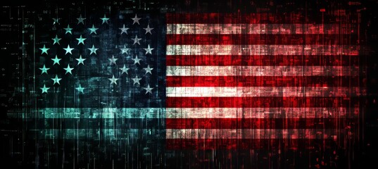 American Flag, Digital Overlay With Numbers, Financial Market Data, Abstract Patriotic Design.