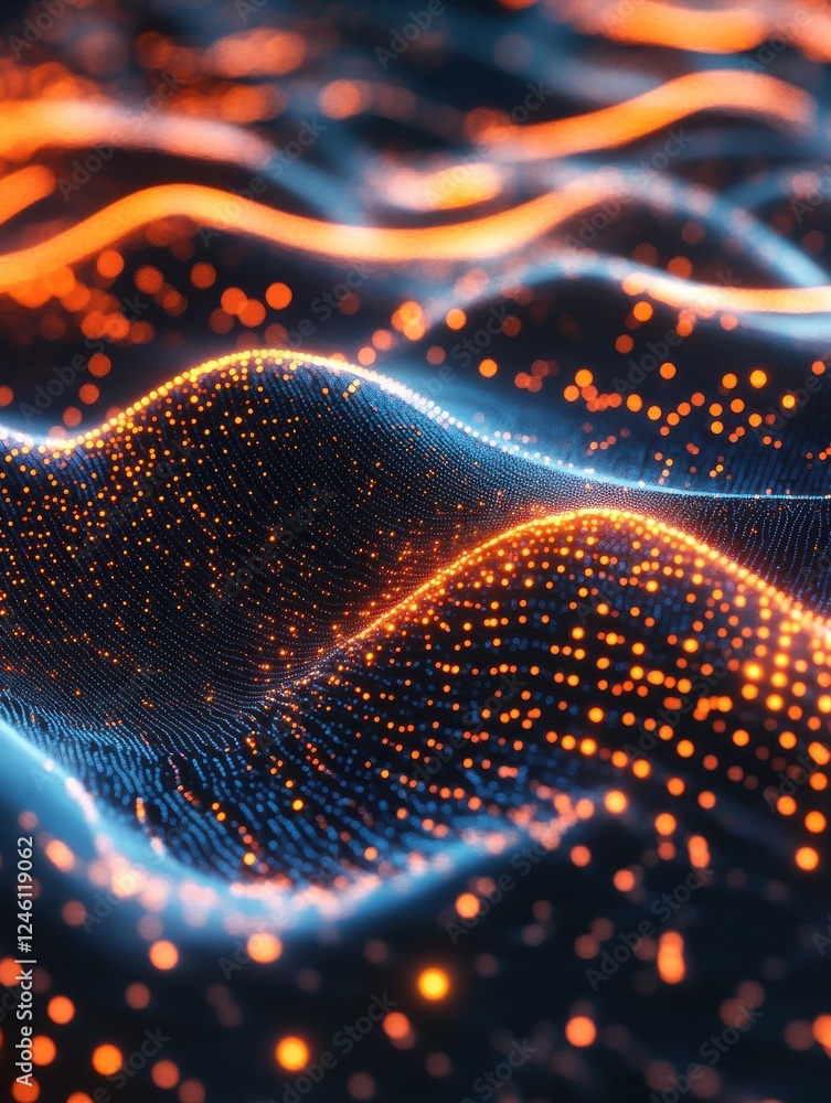 Poster glowing digital wave with vibrant orange and blue lights represents machine learning algorithm visua