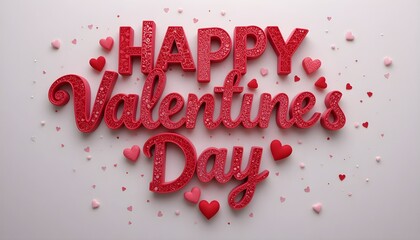 Happy Valentine's Day" in Glossy 3D Letters with Red & Pink Hearts on a White Background