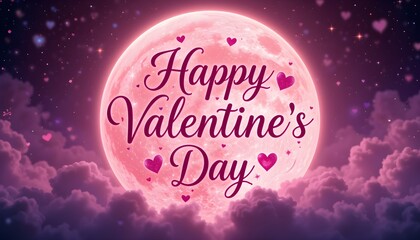 Happy Valentine's Day" Inscribed on a Pink Full Moon Against a Starry Night Sky with Fluffy Clouds and Pink Hearts