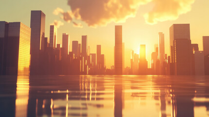 Fototapeta premium A majestic urban skyline during sunset, golden-hour glow reflecting off the glass facades of towering skyscrapers, soft clouds drifting above