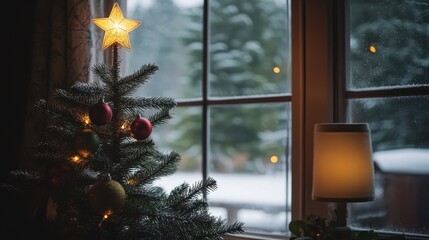 A small Christmas tree decorated with lights and ornaments sits by a snow-covered window, creating a cozy winter scene.