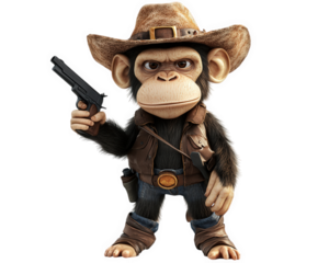 monkey dressed as cowboy, complete with hat and toy gun, exudes playful and adventurous spirit. This whimsical character captures attention with its unique outfit and pose