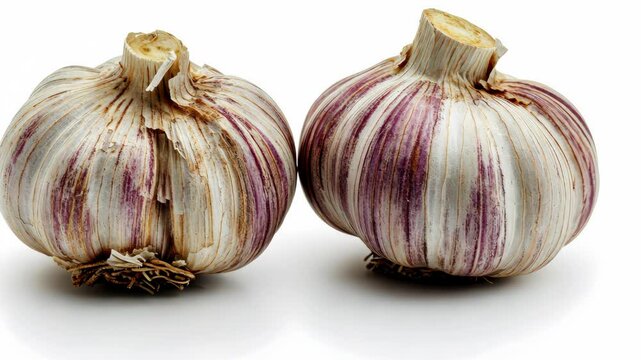 Timelapse of garlic bulbs rotating on a white background showcasing unique textures