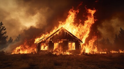A dramatic scene of a wooden house under siege by a large wildfire, showcasing fierce flames consuming the structure against a smoky sky.