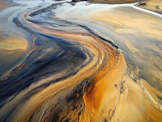 Aerial view of a river flowing into the sea creating abstract colorful patterns on sand