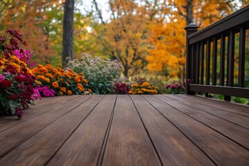 Autumnal deck, flowers, forest backdrop, fall home decor