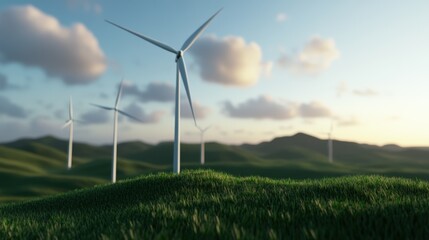 A modern wind farm with tall white turbines spinning under a clear blue sky, surrounded by rolling green hills, photo-realistic lighting and shadows