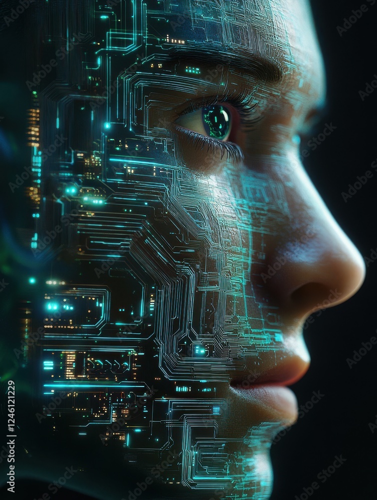 Aufkleber human face with digital circuits, concept of artificial intelligence and human computer integration