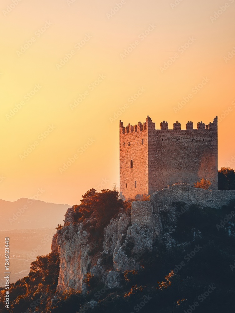 Poster ancient castle sits atop a hill during sunset, offering a serene view of the landscape and space for