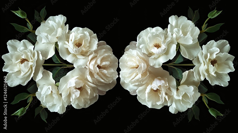 Poster a white rose arranged in a symmetrical shape, creating a symbolic design with ample space for copy.