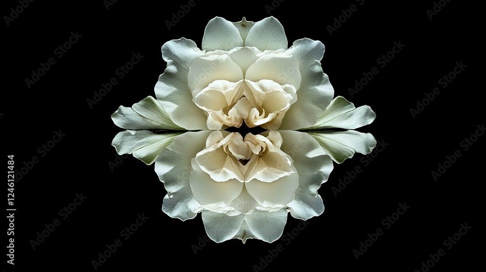 Poster a white rose arranged in a symmetrical shape, creating a symbolic design with ample space for copy.