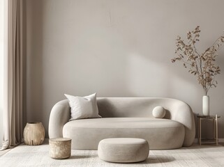 Minimalist living room interior with a beige sofa. two ottomans. a vase with dried branches. and a side table