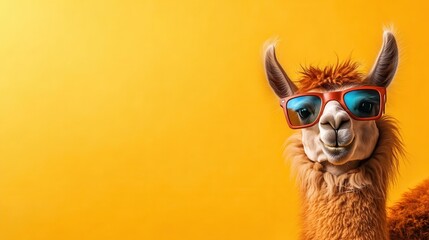 A stylish llama wears bold sunglasses and smiles against a bright yellow backdrop, radiating fun and confidence, perfect for an uplifting and playful animal portrait.