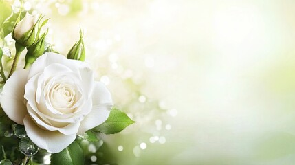 Obraz premium A white rose in bloom in a natural garden setting, with a soft blurred background and room for messaging.